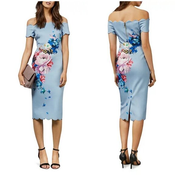 💕TED BAKER💕 Hailly Bardot Dress ~ Raspberry Ripple Print TB Size 4 = US 10 NWT - Picture 8 of 16